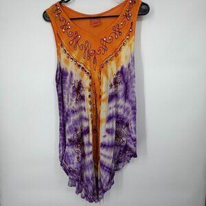 California Woman Plus One Free Size Tie Dye Purple Orange Sequins Boho Tunic Top